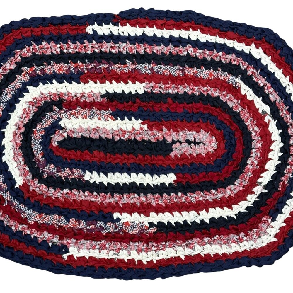 Handmade Knot Rug Oval Rag Rug Red White Blue - Picture 4 of 5